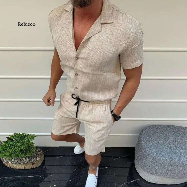 Summer Clothes Men's 2 Pieces Sets Casual Shorts and Short-Sleeved T Shirt Men Breathable Slim Fit V Neck Linen Suits New