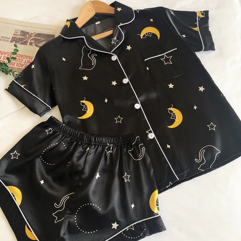 

Pyjama Satin Femme Silk Pajamas for Women Night Star Moon Print Pajamas Set Pijama Verano Mujer Women's Home Suit Sleepwear