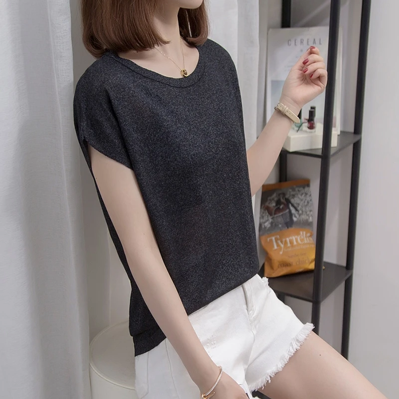 

M-4XL Large size women Summer thin sweater pullover 2023 short sleeve o neck kintting solid Oversized sueters de mujer Knitwear