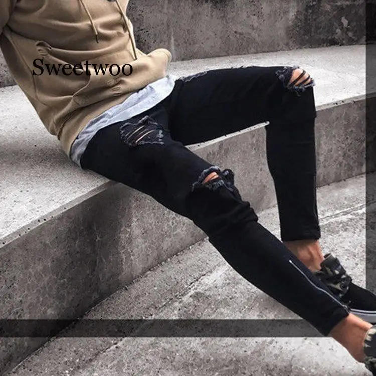 Mens Black Jeans Skinny Ripped Destroyed Stretch Slim Fit Hop Hop Pants With Holes For Men