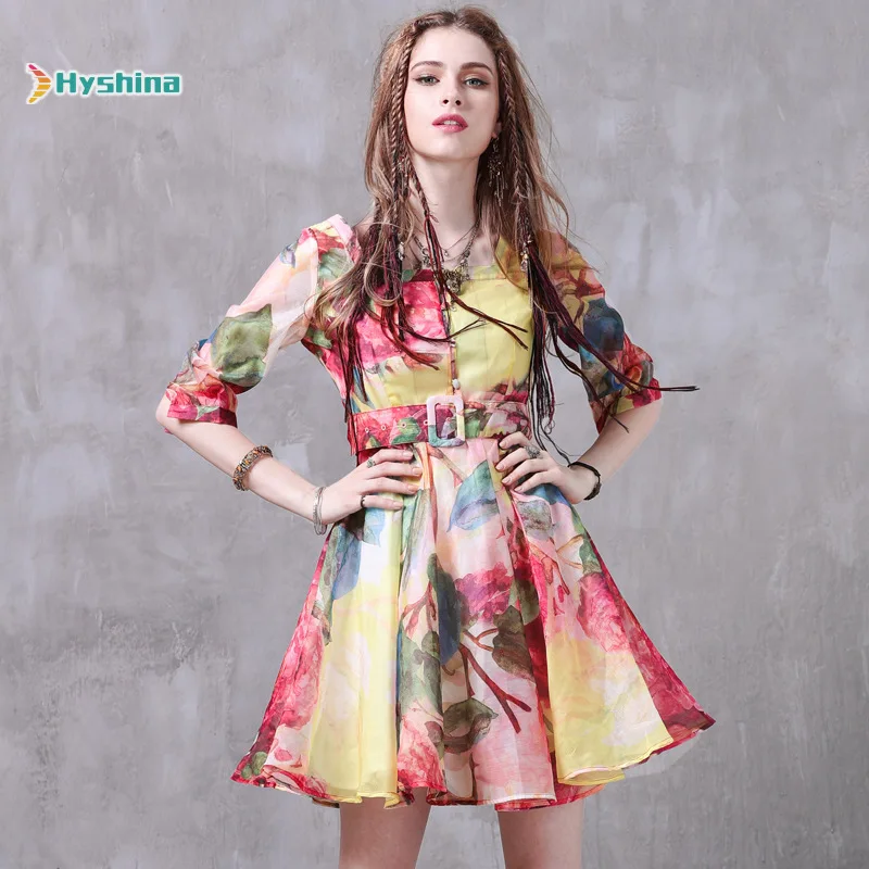 

Original Women's Dress New Print Big Swing Skirt Retro Organza Belt Elegant Dress
