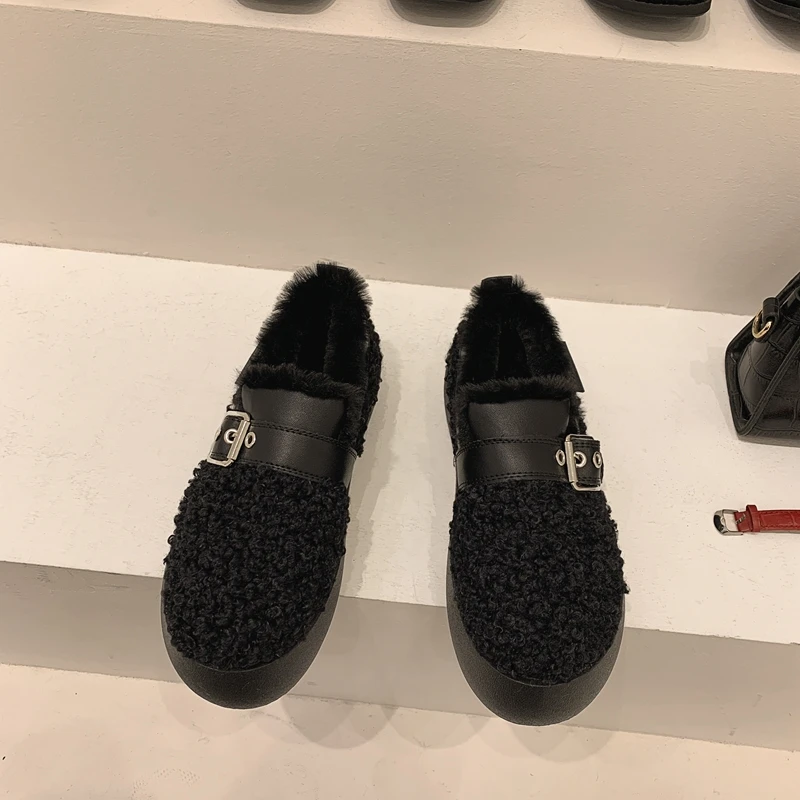 

DLEK Trendy Buckle Flat Shoes Fluffy Women Winter Plush Warm Shoes Round Toe All-match Non-slip Rubber Slip-on Casual Shoes
