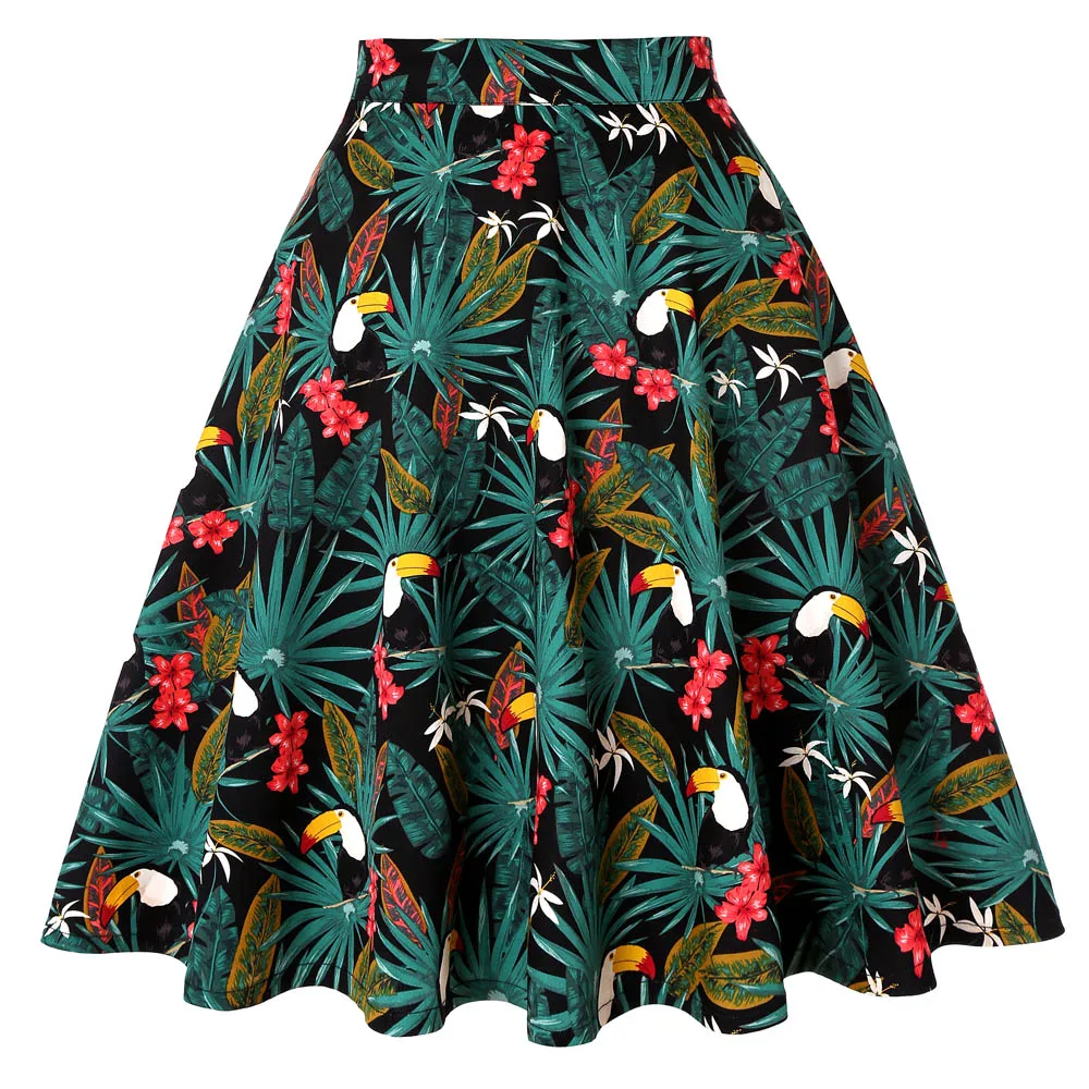 2021 Toucan Palm Flower Women Flare Vintage Retro Skirt Floral School jupe femme Skirts Womens Plus Size Black | Женская одежда