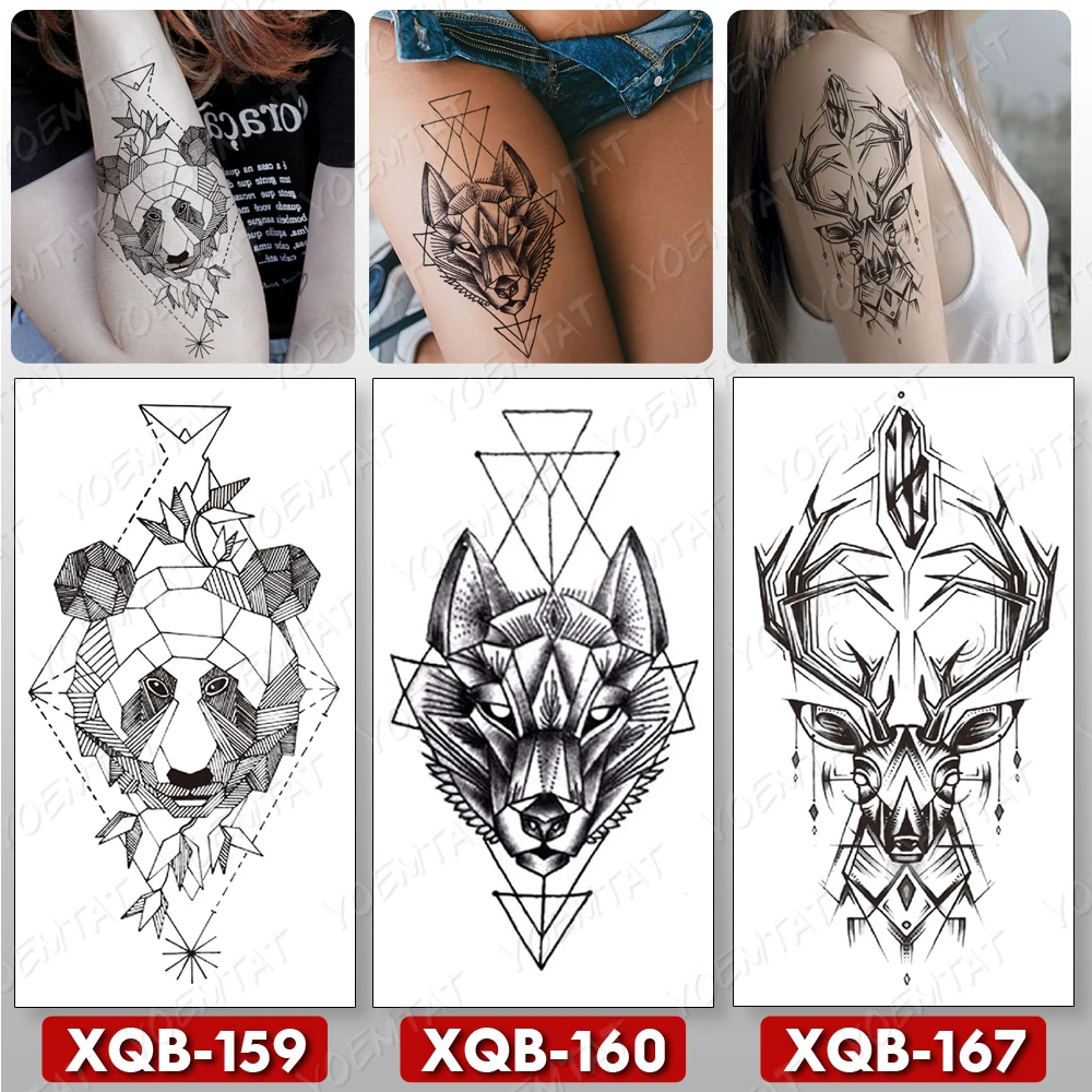 

3pcs Panda Lobo Temporary Tattoo Sticker Linear Geometric Wolf Reindeer Black Tatu Shoulder Leg Arm Men Women Girl Glitter Tato