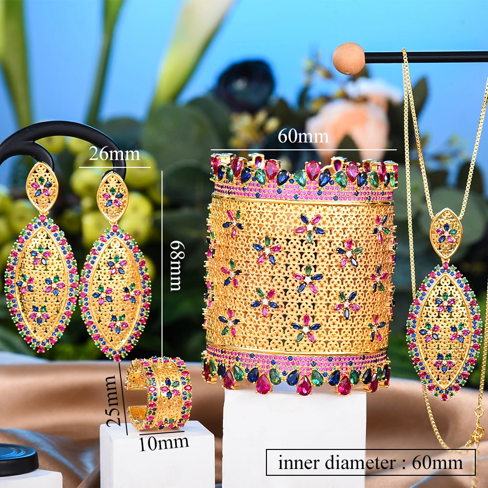 

GODKI Luxury Hollow Lace 4PCS Bracelet Ring Earring Set For Women Wedding Bridal Zircon African/Indian/Dubai Bridal Jewelry Set