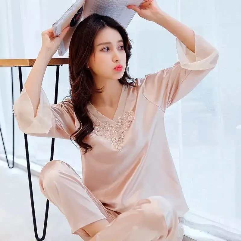 2021 New Summer Pajamas Women's Ice Thin Long Sleeve 2Pcs Suit Nightie Simulation Silk Large Size Leisure Home Wear Sleepwear