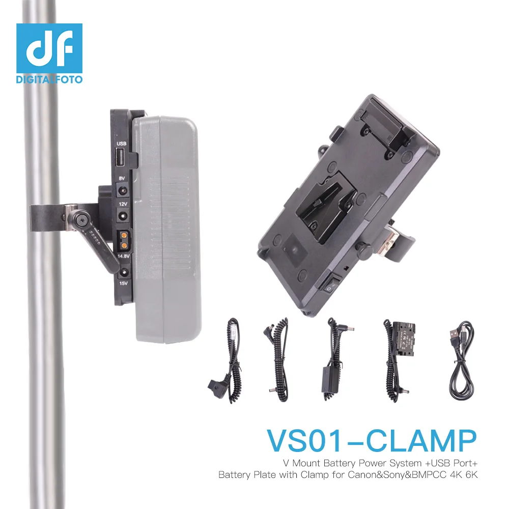 

V Mount Battery Plate with Clamp+D-Tap to BMPCC 4K 6K Cable+LP-E6 NP-FW50 Dummy Battery for Sony Canon Camera