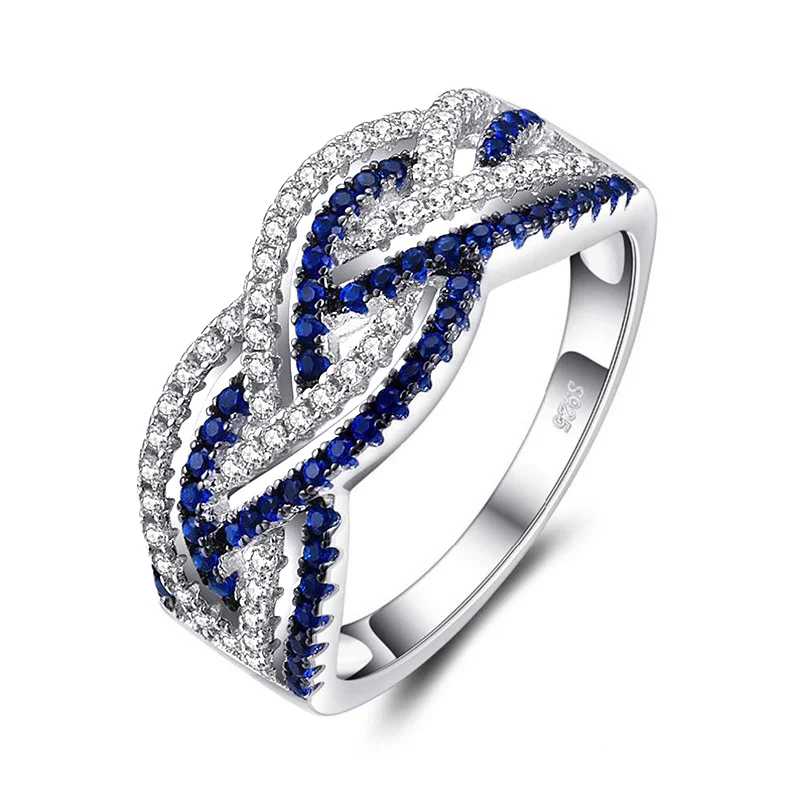 

USTAR Geometric Weave Blue CZ Wedding rings for women jewelry shiny Cubic Zirconia finger engagement rings female anel gift