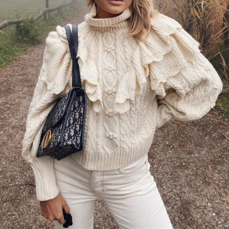 

2021 Winter Fashion Women Ruffled Chic Sweet Lantern Sleeve Laminated High Neck Knitted Sweaters Vintage Pullovers Tops Jumpers