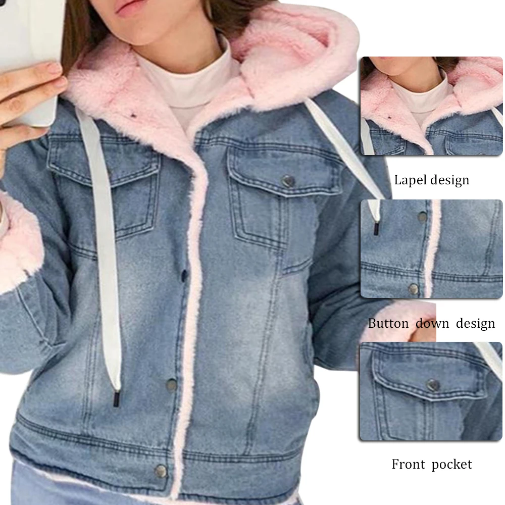 2020 New Women Denim Jacket with Fur Winter Jeans Warm Hooded Velvet Femme Collar Padded Coats Windbreake | Женская одежда