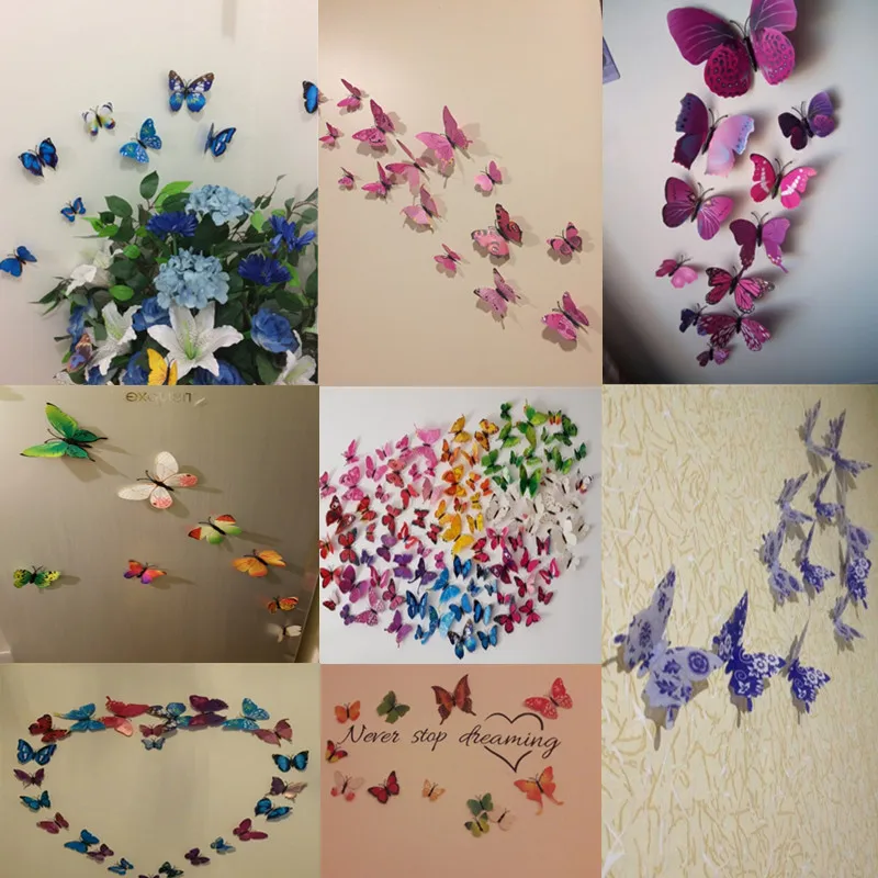 12 шт./лот ПВХ наклейки бабочки 3D на стену домашний декор плакат для детских комнат