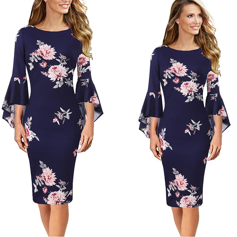 Dark Blue Pink Vfemage женское осеннее Элегантное Длинное расклешенное модное винтажное вечернее коктейльное облегающее платье-футляр с расклешенными рукавами 1703 - Цвет: Dark Blue Pink