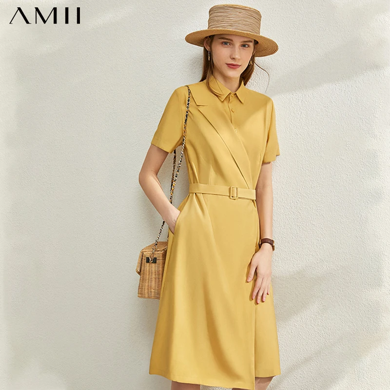 

AMII Minimalism Summer New Fashion Solid Spliced Women's Dress Causal High Waist Lapel Knee-length Female Chiffon Dress 12030095