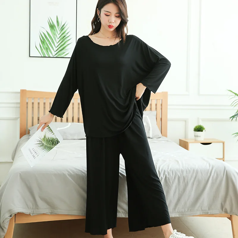 horswula Plus Size Home Clothes Super Loose Long-sleeve Pajamas Womens Two Peice Sets Sportswear Wide-leg Pants Trouser Suits