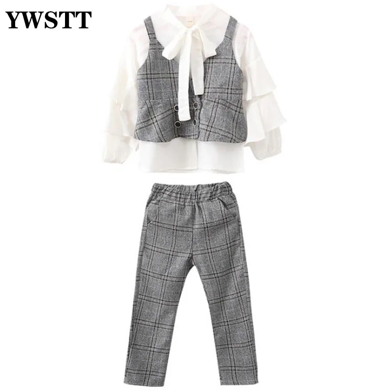 

Girls Lattice Sets Autumn Kids Vest + Long-sleeved Shirt + Pants Three-piece Girls Outfits Fashion Spring Children Clothes 3PCS