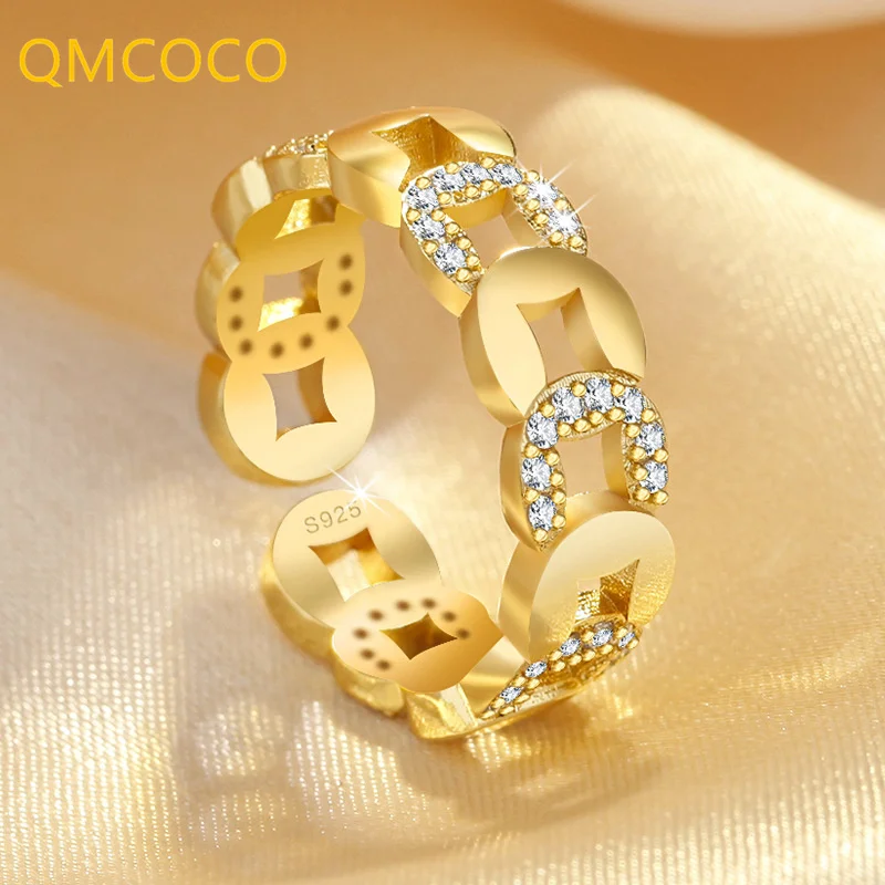 

QMCOCO Vintage Simple Hollow Out Woman Fine Ring INS Design Silver Color Circular Geometric Light Luxury Fashion Adjustable Ring