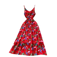 new summer beach vacation women sexy v neck strap slim long dress fashion sweet leaves floral print party dress