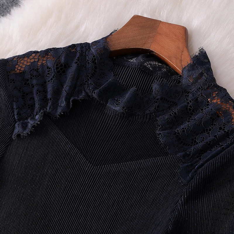 Women fashion autumn winter ruffles dress lace inset falre sleeve fit and flare cute dresses new blue
