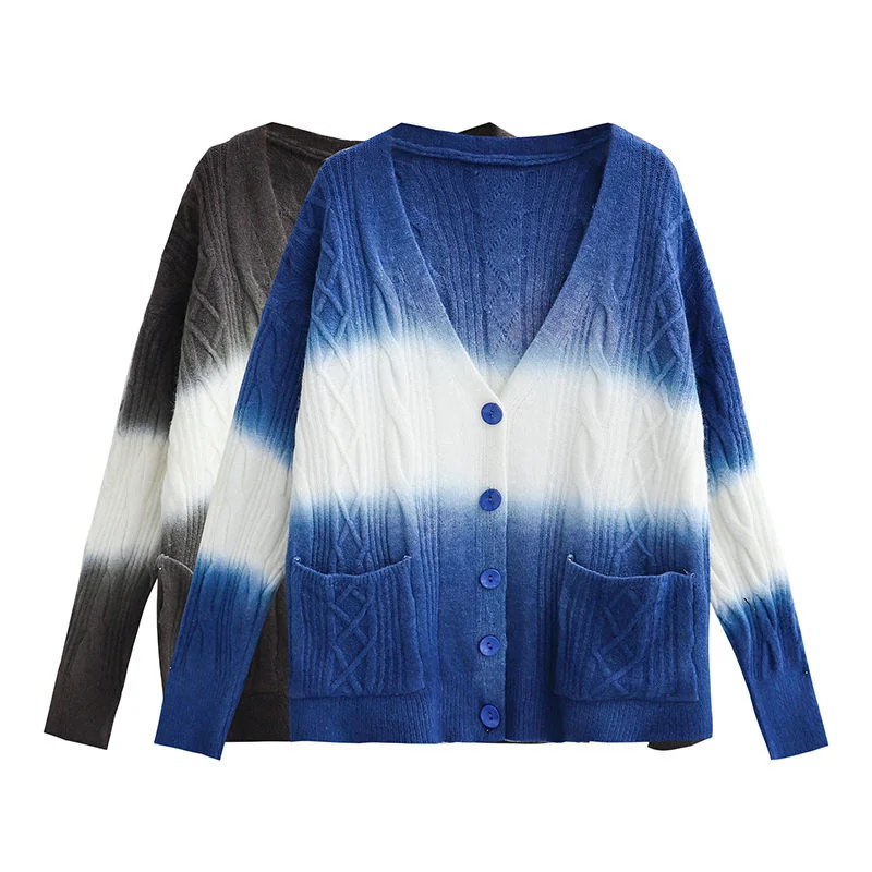 

Winter Clothes Women Female Cardigan Dyed Gradient Stripe Knitted Cardigan Top Lazy Style Sweater Women's Thickened Pull Femme