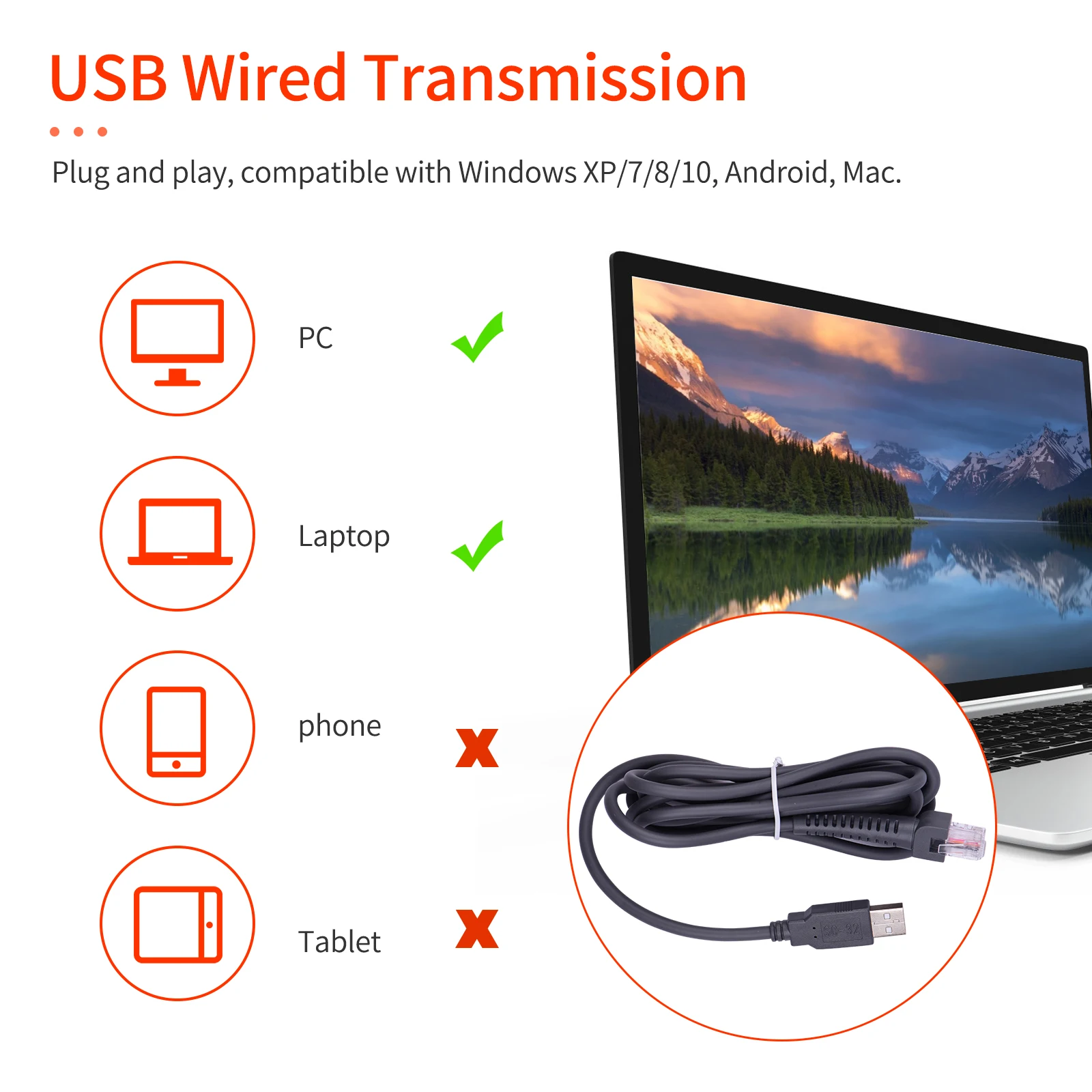 USB-сканер штрих-кода Aibecy 1D2D/QR проводной Ручной считыватель ручной