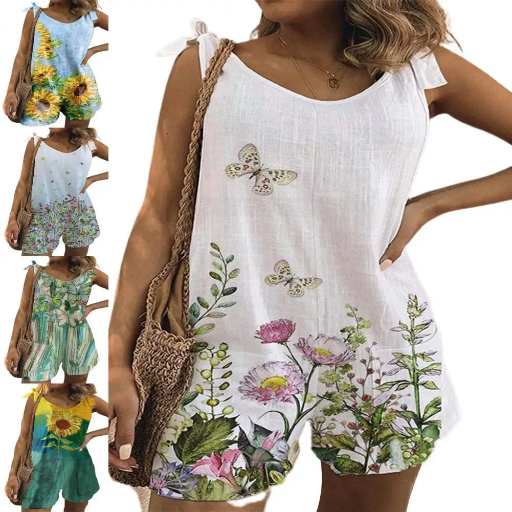 

Hot Sales Wide Leg Sling Women Jumpsuit Sleeveless Flower Print O Neck Summer Jumpsuit Casual Overalls
