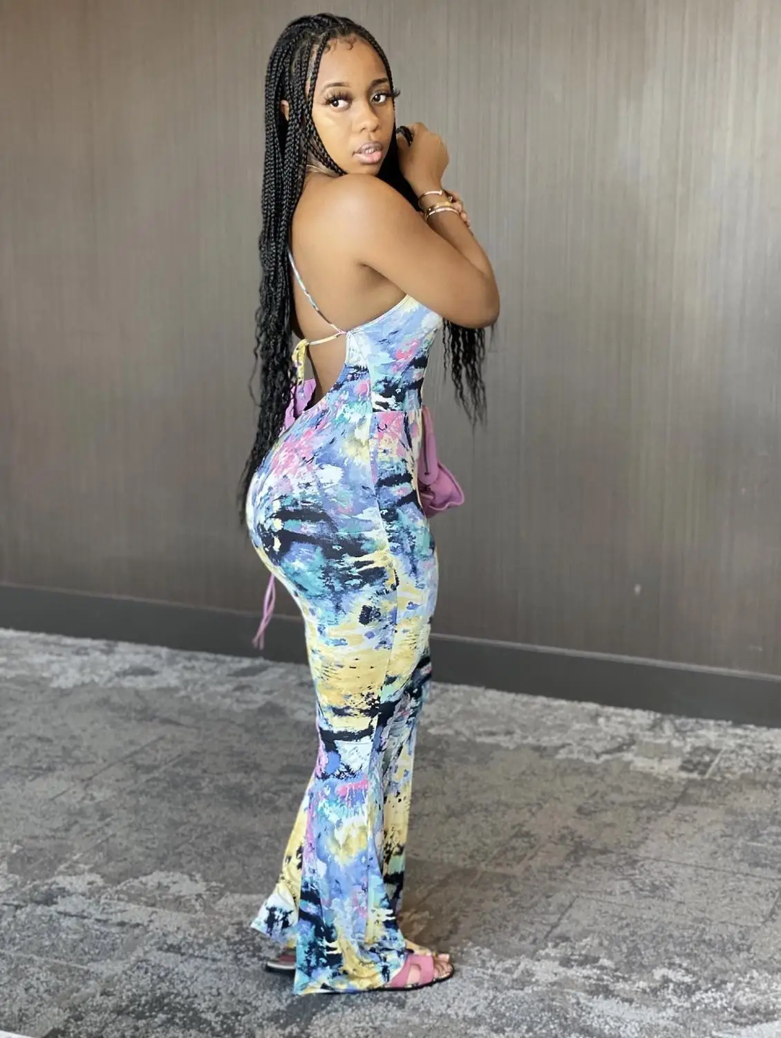 

Colorful Tie Dye Print Boot-cut Jumpsuit Summer Fashion Sexy Lady Spaghetti Strap Sleeveless Backless Flare Rompers Catsuit