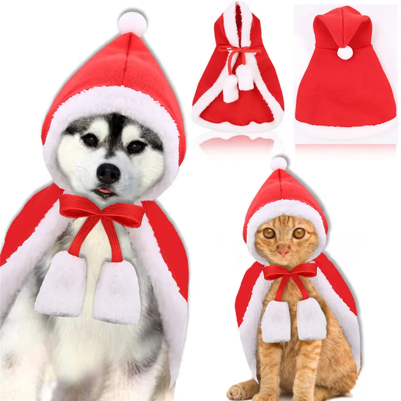 Christmas Cat Puppy Santa Hat Cloak Pet Cosplay Costume Xmas Kitten Red Caps Clothing Clothes Funny Party DOG Mantle Dress Up U3
