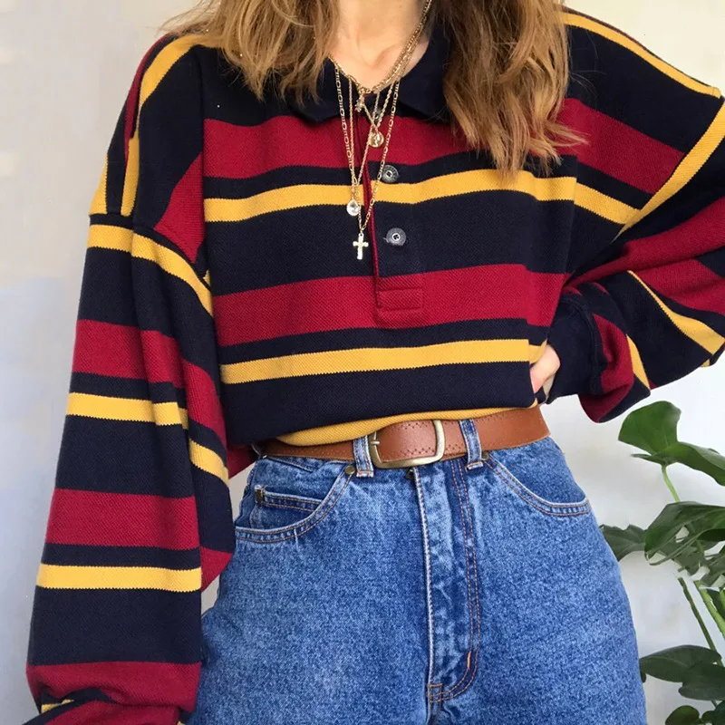 

Повседневные толстовки с принтом в полоску; Женские осенние толстовки с отложным воротником и длинными рукавами; Женские топы; Пуловеры раз...