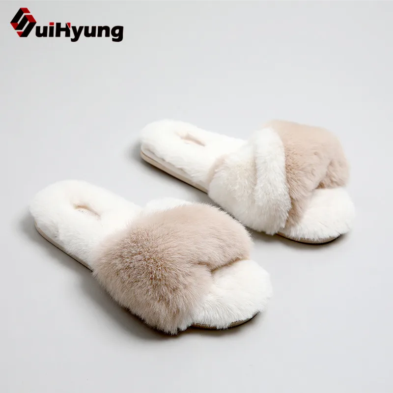Тапки Suihyung женские зимние меховые пушистые без застежки повседневные сланцы