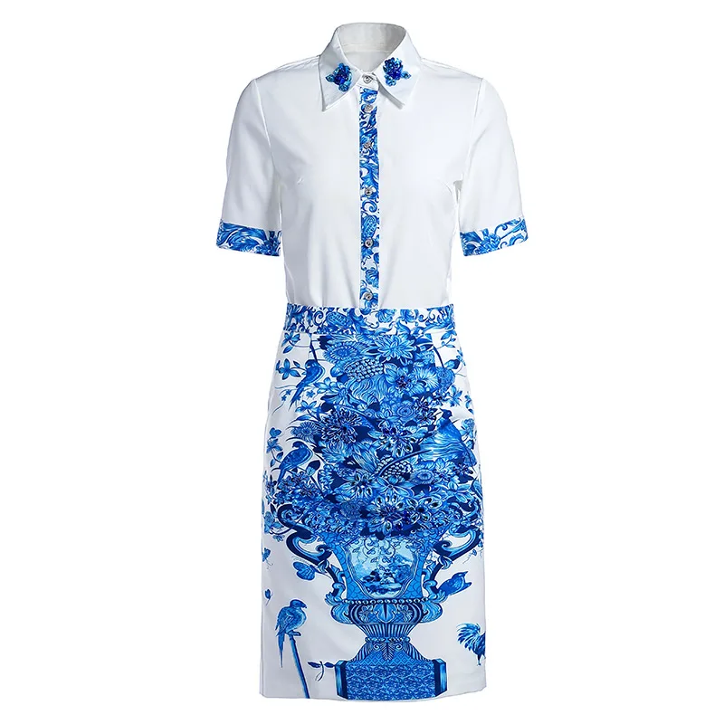 

Seifrmann Summer Women Fashion RunwaySkirt Set Short Sleeve Loose Blouses + High Waist Female Midi Skirts 2 TwoPiecesSuits