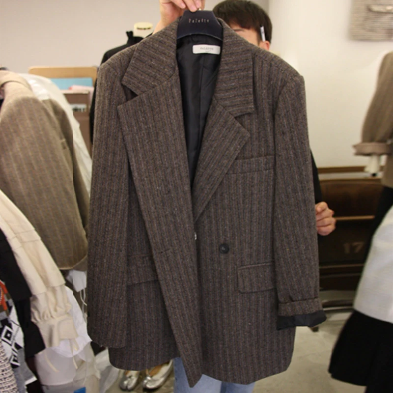 Новинка Осень зима 2020 винтажные полосатые блейзеры и куртки для женщин корейские