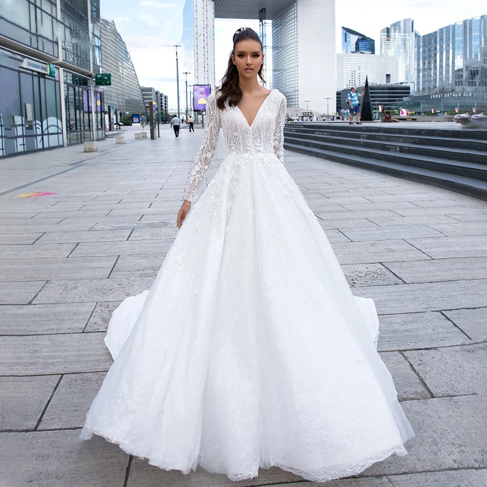 

BAZIIINGAAA Luxury Wedding Dress Long Sleeve V-neck Applique Lace Wedding Noble Applique Muslim Brides Support Tailor-made