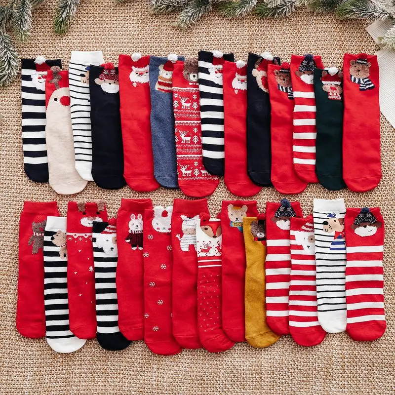 Christmas Socks Colored Cotton Red Socks 22 Pairs Cartoon Animal Cotton Cute Gift Christmas Socks Girl