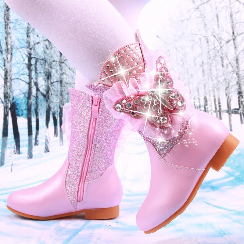 Водонепроницаемые зимние ботинки для девочек обувь принцессы на высоком каблуке