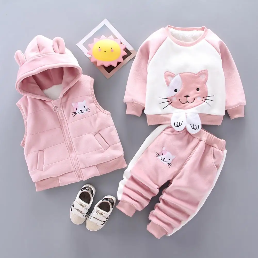 pink Комплекты одежды для девочек с Минни и Микки зимний теплый комплект одежды для девочек, куртка+ футболка+ штаны, 3 предмета, детская одежда утепленный бархатный костюм для девочек - Цвет: pink