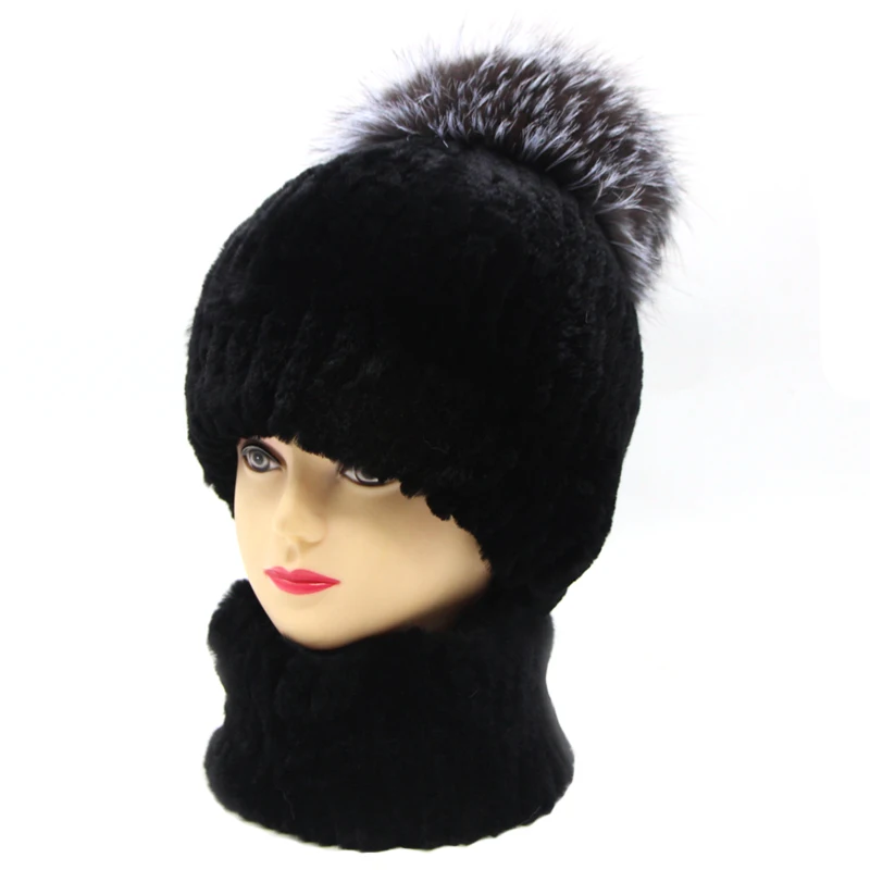 Rex rabbit fur hat female winter fox fur ball thick warm knitted earmuff wool cap