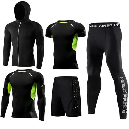 Fitness suit men's basketball tights training suit running gym fast dry spring and autumn five-piece set - Цвет: Серый