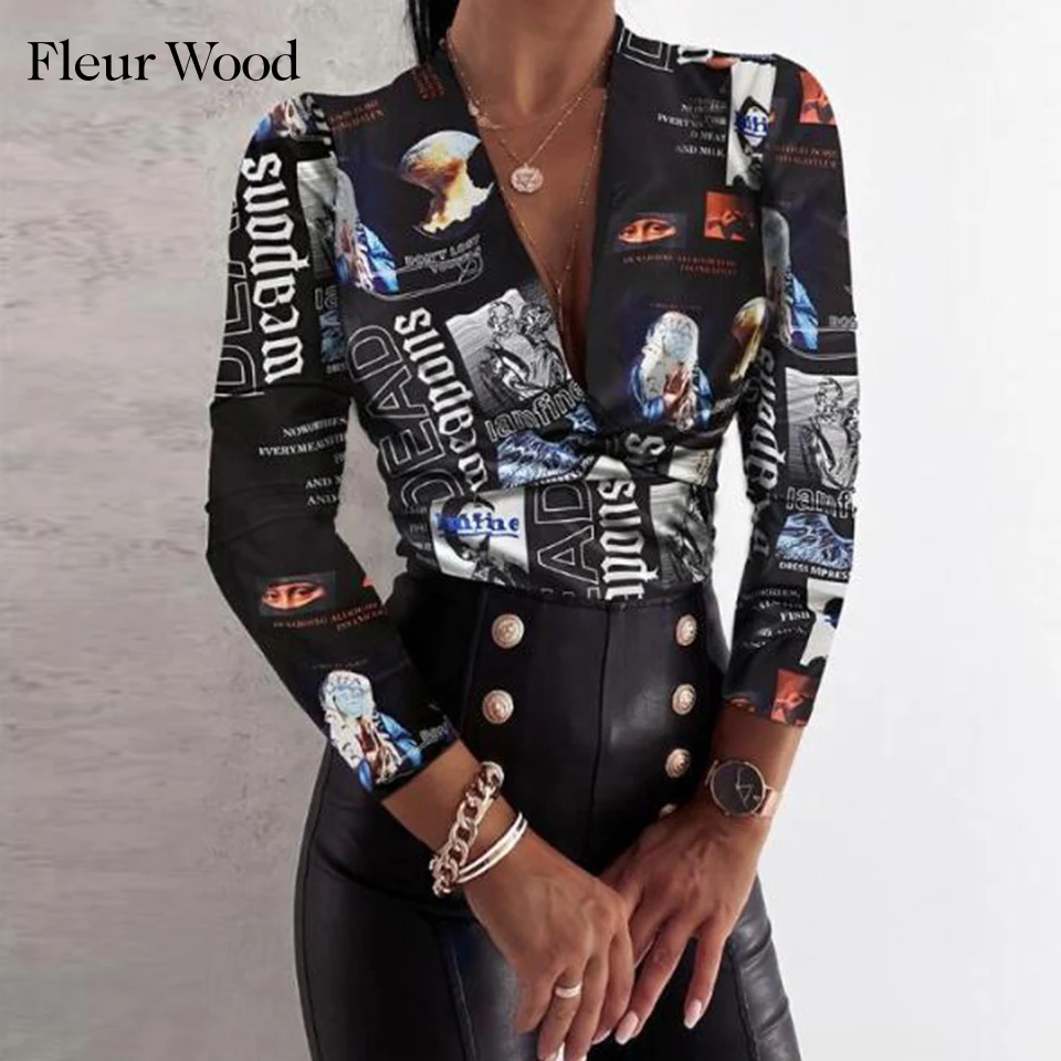 

Женская леопардовая блузка FLEUR WOOD, осенне-зимняя блузка с длинным рукавом, с v-образным вырезом и леопардовым принтом