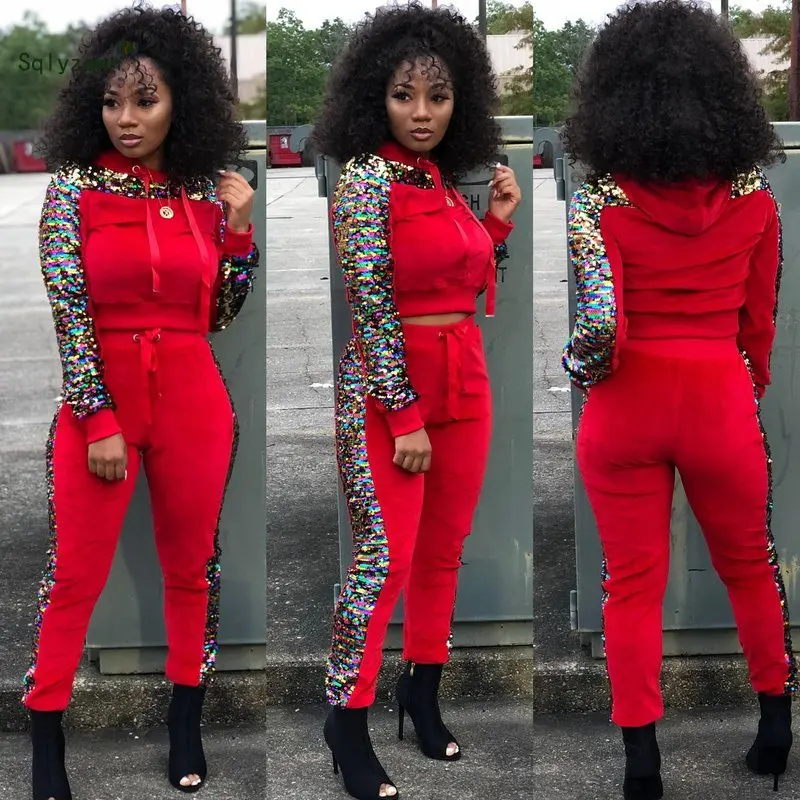 Autumn Winter Velvet Sequins Two Piece Tracksuit Women Long Sleeve Hooded Sweatshirt Top Jogger Pants Velour Matching Outfit | Женская