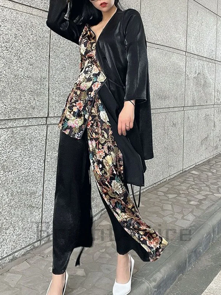 

Exotic National style Model cheongsamShow printing stitching Tang suit retro wide-leg Loose pants fashion personality 2021 set