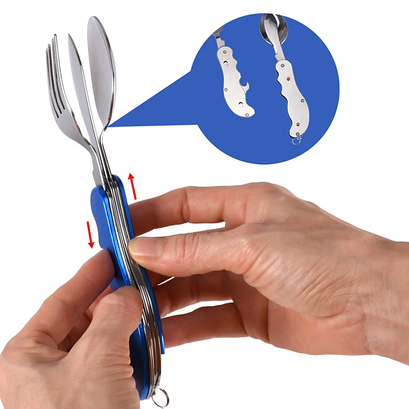 

4 In 1 Outdoor Tableware Set Camping Cooking Supplies Stainless Steel Spoon Folding Pocket Kits Home Picnic Hiking Travel Tools