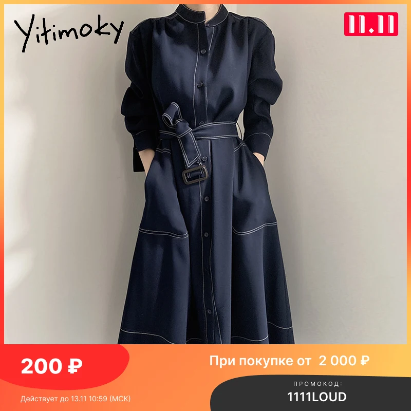 

Платье Yitimoky женское с длинным рукавом, модное винтажное элегантное платье бордового цвета до середины икры, с карманами и высокой талией, в ...