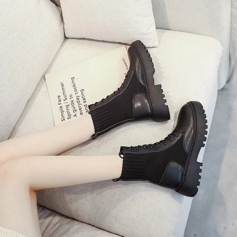 Boots Women's Short Boot Fur Women Casual Martin Autumn And Winter Socks Large Size Middle Tube Spring Black Shoes | Обувь