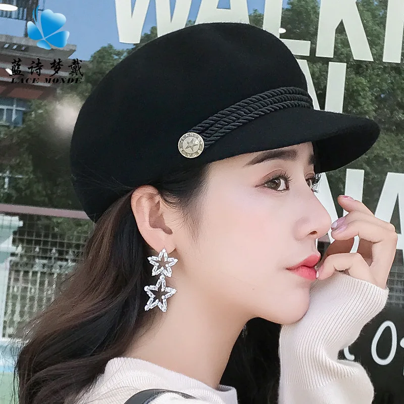 

2021 Flat Cap Female Korean Version Joker Wool Fedora Tide Star Anise Hat British Fashion Beret Painter Hat Winter