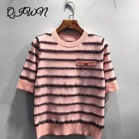 brand design summer women luxury gold wire striped knit top short sleeved o neck pink red loose plus size t shirt clothes 2021