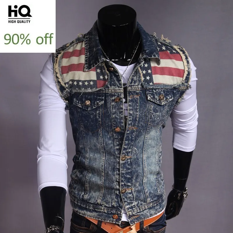 Английский стиль винтажный джинсовый жилет с рисунком мужские топы без рукавов