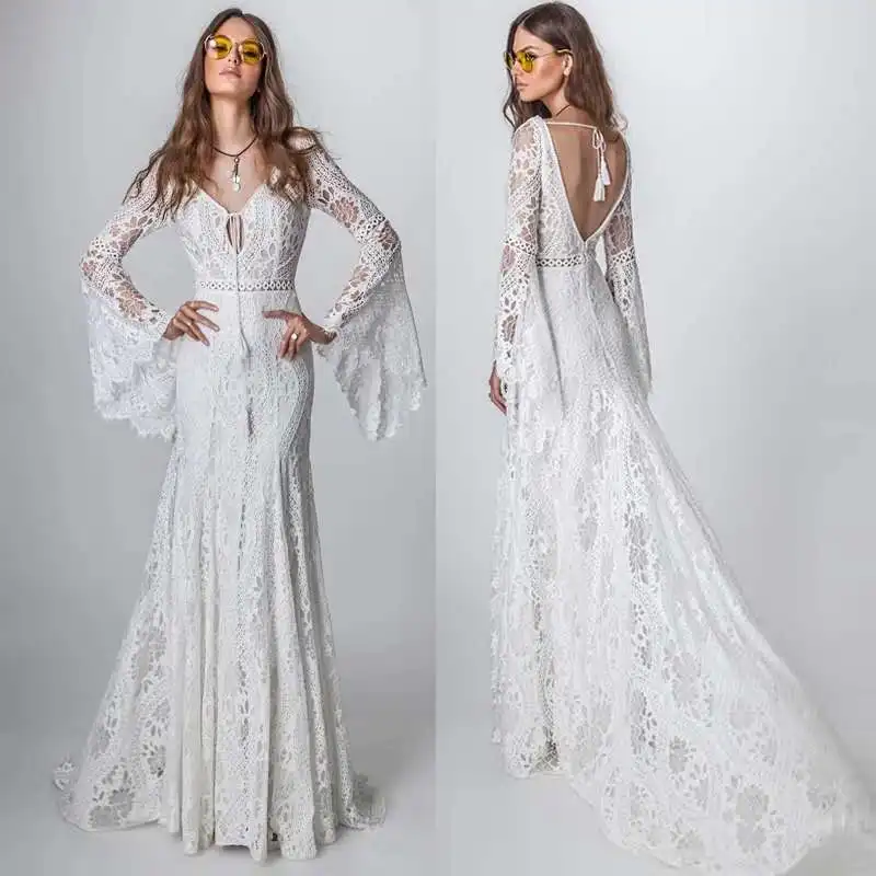 Bohemia Lace Beach Wedding Dress Vintage Long Flare Sleeve Vestido De Noiva New Design crochet lace Wedding Dresses Backless