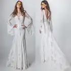 Богемное кружевное пляжное свадебное платье, винтажное платье с длинным расширяющимся крючком рукавом, новый дизайн, кружевное свадебное платье с открытой спиной