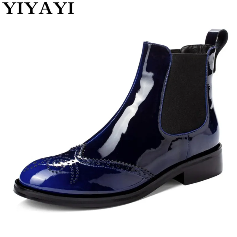 Модные женские ботинки из лакированной кожи обувь на плоской подошве с круглым