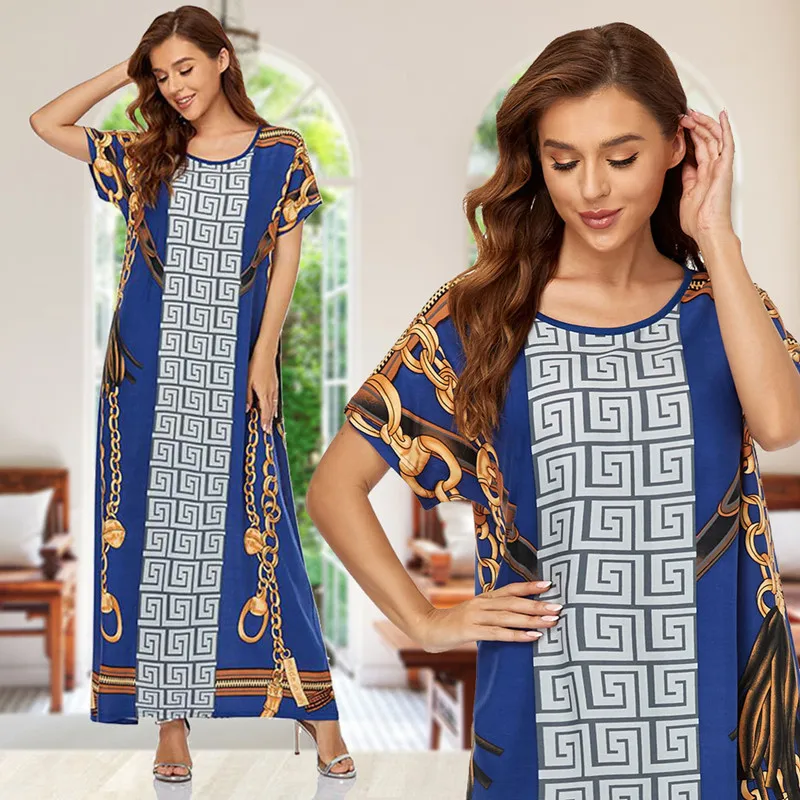 

Summer 2021 Printed Muslim Ladies Dress 2XL Loose Round Neck Middle East Short Sleeve Gown Leisure Dubai Abaya